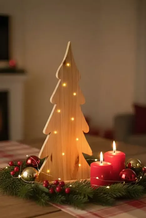 Detailansicht des 48 cm hohen Tannenbaums aus Kiefernholz mit integrierter LED-Beleuchtung – stimmungsvolle Weihnachtsdeko