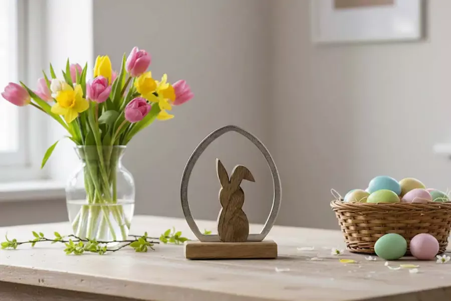 Hase aus Holz im Metall Ei
