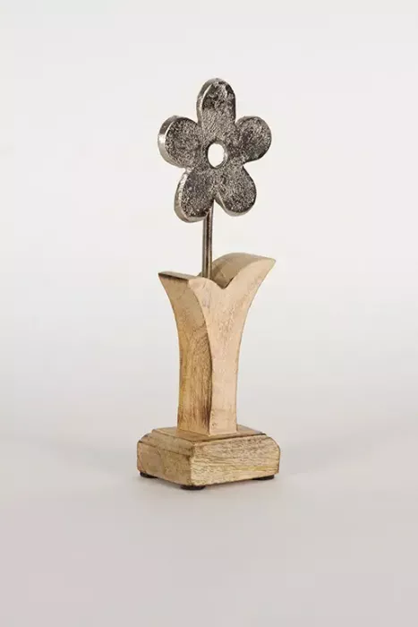 Preview: Dekorative Blume aus Metall mit Holzsockel 22 cm – stilvolle Tischdeko, jetzt im Shop sichern & bestellen!