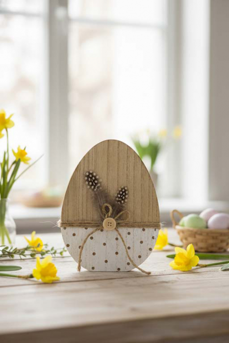 Preview: Ei aus Holz mit Federn 19 cm