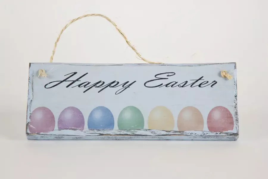 Preview: Holzschild „Happy Easter“ – handgefertigte Osterdeko im Vintage-Stil für Wohn- und Eingangsbereich