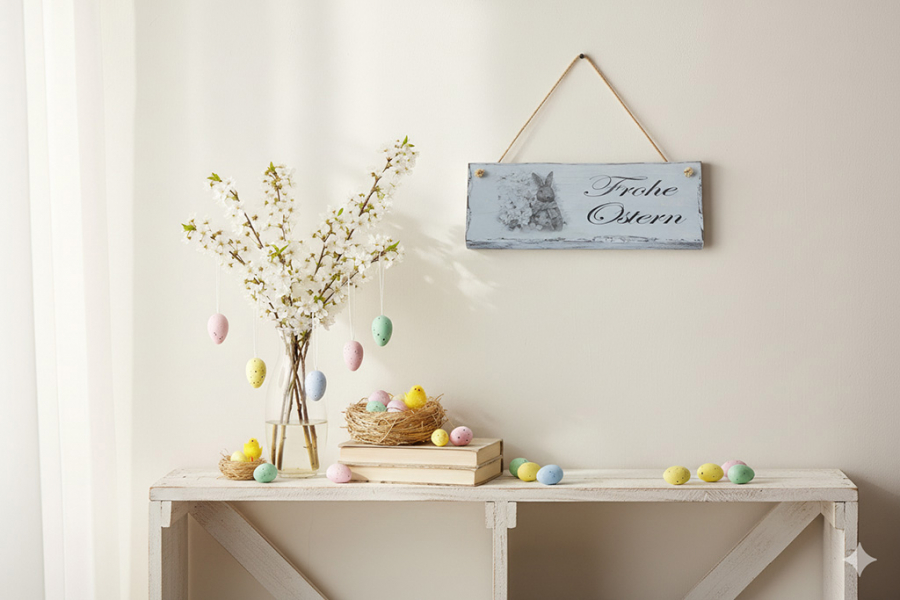 Preview: Deko-Schild „Frohe Ostern“ aus Holz – rustikale Vintage Osterdekoration für Tür und Fenster