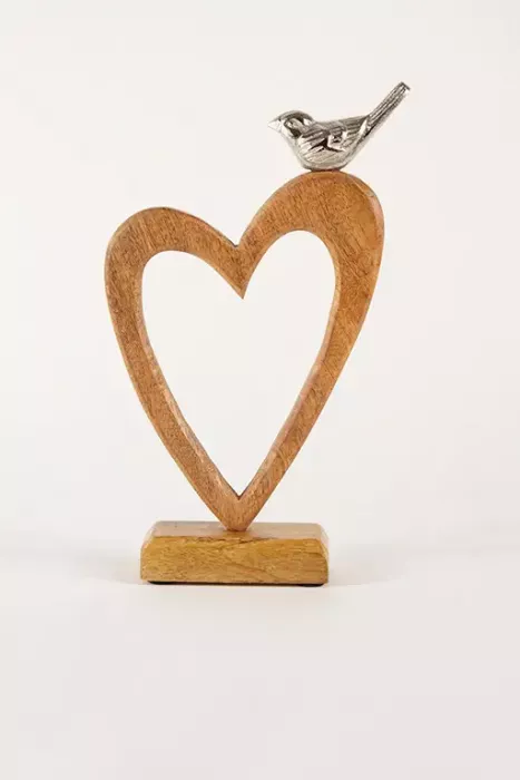 Preview: Herz Aufsteller aus Holz mit Vogel aus Metall – romantische Deko für Zuhause. Jetzt bestellen!