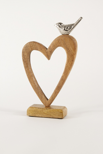 Aufsteller Herz aus Holz mit Vogel aus Metall