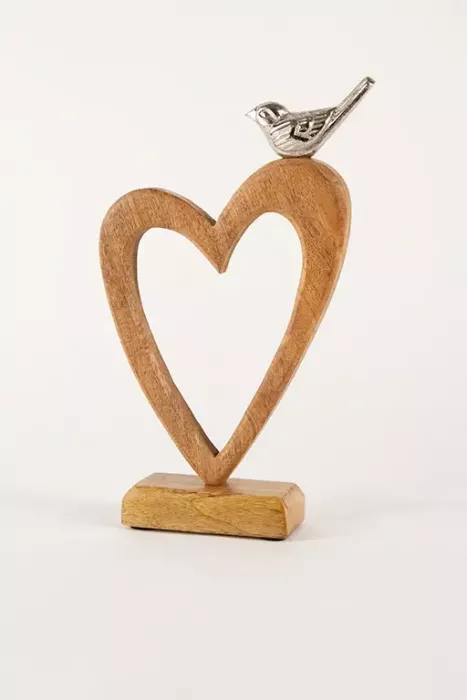 Preview: Mangoholz Herz mit Vogel Dekofigur 26 cm – stilvolle Wohnaccessoire & Geschenk. Jetzt im Shop sichern!