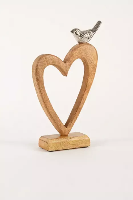Preview: Dekorativer Herz Aufsteller Holz und Metall Vogel – perfekte Geschenkidee. Jetzt online kaufen!