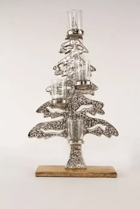 Preview: Tannenbaum aus Metall mit 4 Glaswindlichtern – moderne Weihnachtsdeko für festliche Atmosphäre