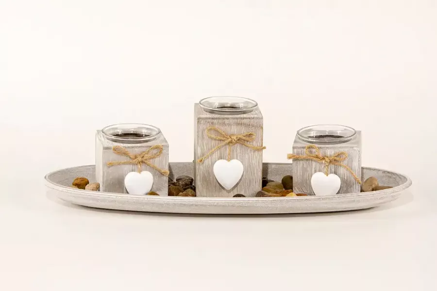 Preview: Windlicht Tablett 3er Set aus Holz – stilvolle Wohnraumdekoration