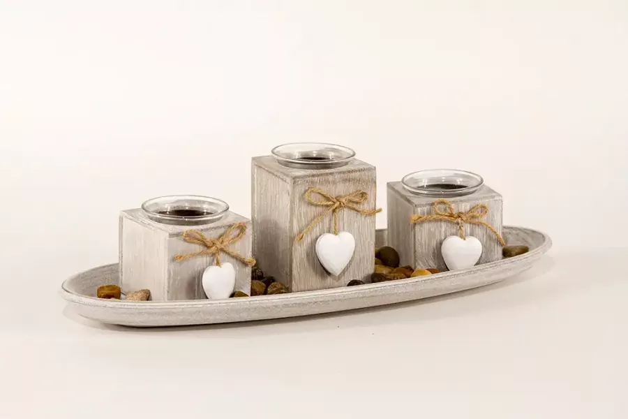 Preview: Windlicht Tablett 3er Set aus Holz – stilvolle Wohnraumdekoration