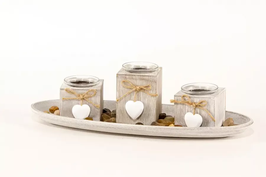 Preview: Windlicht Tablett 3er Set aus Holz – stilvolle Wohnraumdekoration