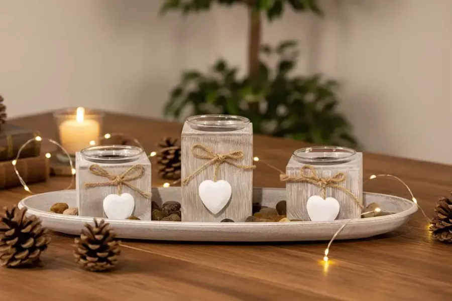 Windlicht Tablett 3er Set aus Holz – stilvolle Wohnraumdekoration