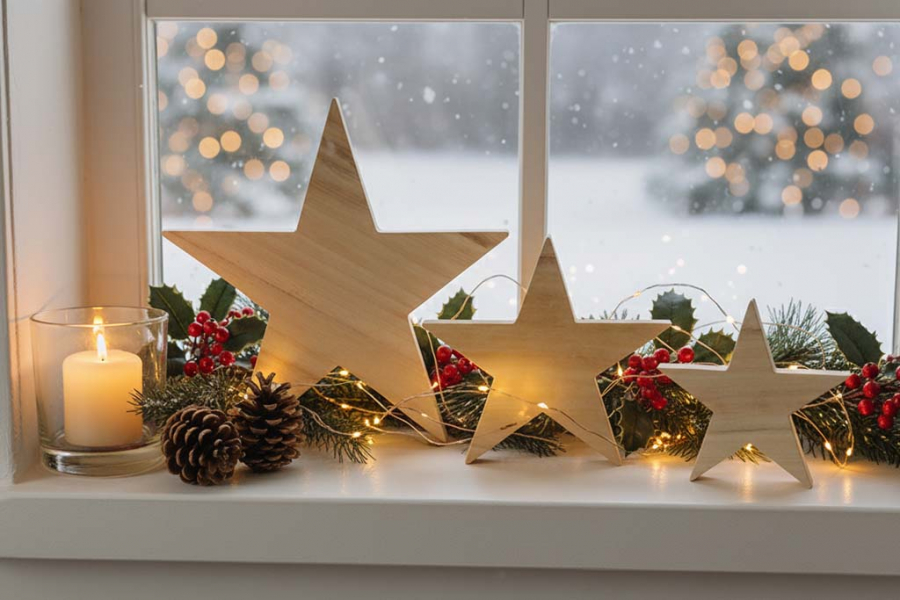 Preview: 3er Set Holzsterne – natürliche Weihnachtsdekoration aus Paulownia-Holz für festliche Stimmung