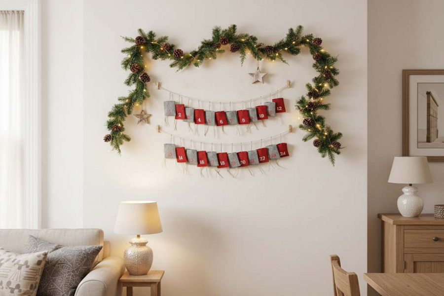 Preview: Adventskalender Textil rot grau mit 24 Beuteln zum Befüllen, 3,2 m lang