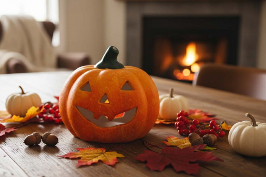 Preview: Windlicht Kürbis aus Ton – rustikale Herbstdeko für Tisch oder Fensterbank; gleich entdecken