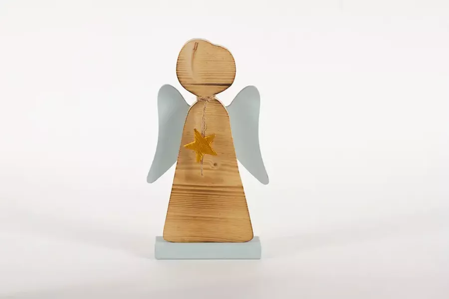 Engel aus Holz mit Fluegeln blau 26cm