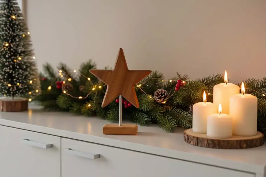 Stern aus geöltem Buchenholz auf Metallstab – 19 cm hohe Weihnachtsdeko