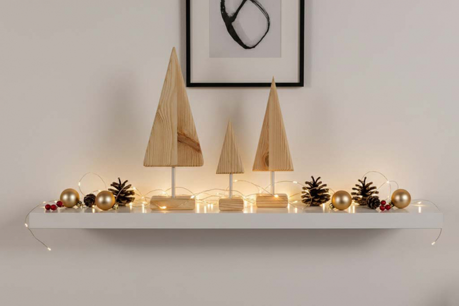 Preview: Rustikale Tannenbaum-Deko aus Holz mit Metallstab – 3er Set