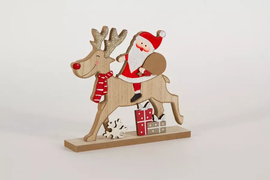 Preview: Liebevoll gestalteter Nikolaus auf Rentier – rustikale Holzfigur für Weihnachten