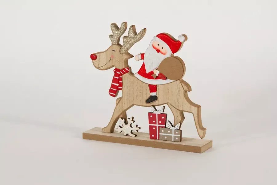 Preview: Nikolaus auf Rentier aus Holz – charmante Dekofigur für festliche Stimmung