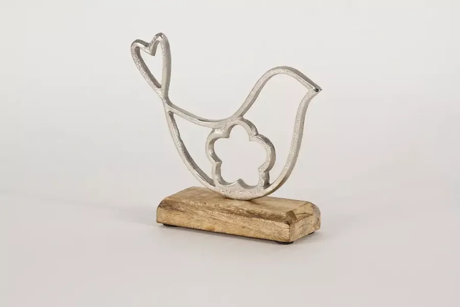 Preview: Deko Vogel aus Metall auf Holz – fröhlich verspieltes Accessoire. Jetzt im Shop entdecken & bestellen!
