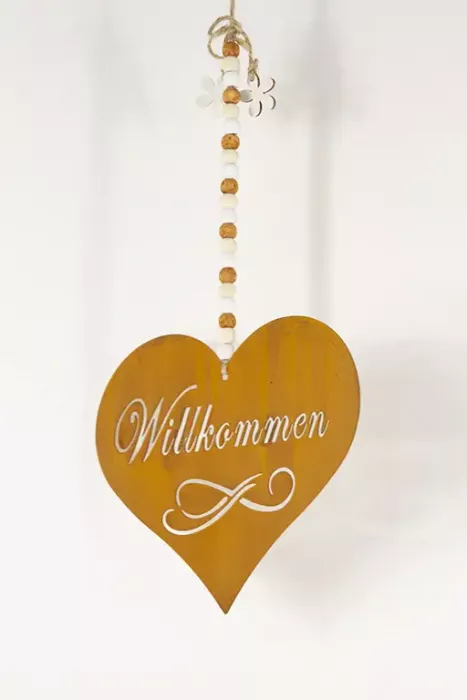 Preview: Metallhänger Herz mit Edelrost und Holzblumen für Fensterdeko