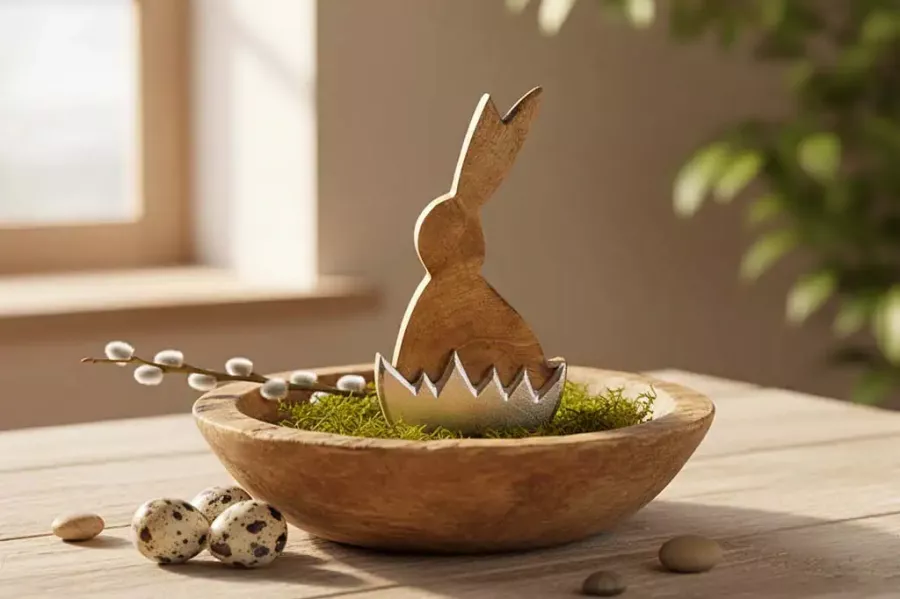Hase aus Holz im Ei aus Metall