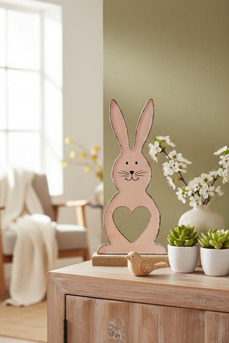 Preview: Hase aus Metall auf Holz rosa 27 cm