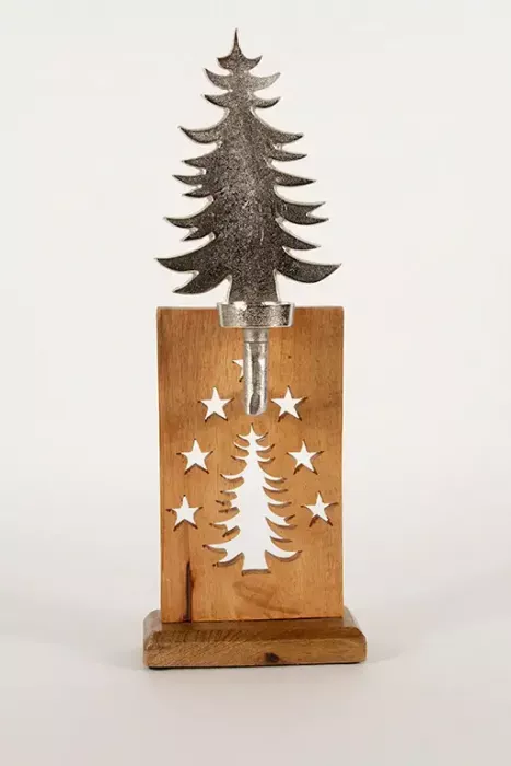 Preview: Großer Teelichthalter Tannenbaum aus Metall und Holz, 42 cm – festliche Dekoration