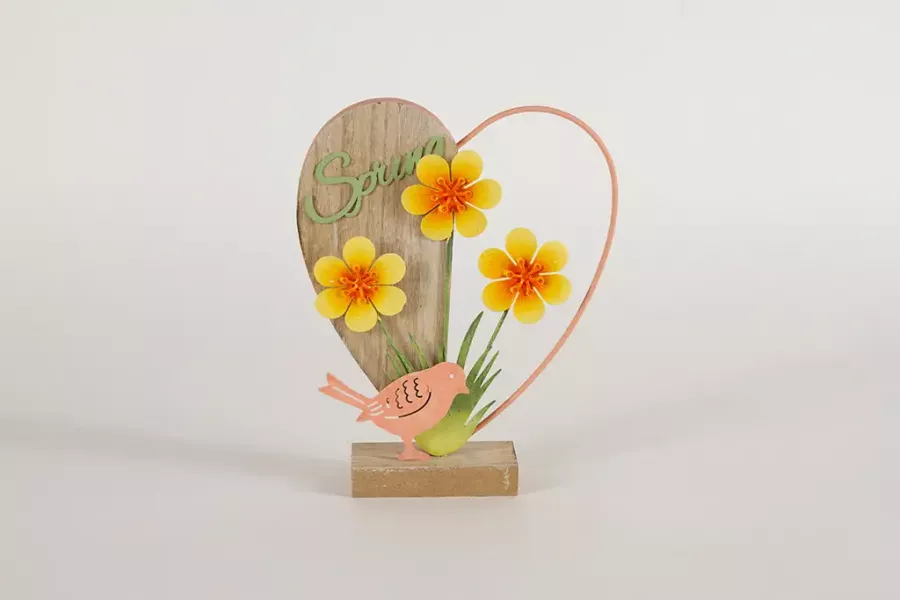 Preview: Herz mit Vogel aus Holz und Metall – stilvolle Frühlingsdeko für Ihr Zuhause.