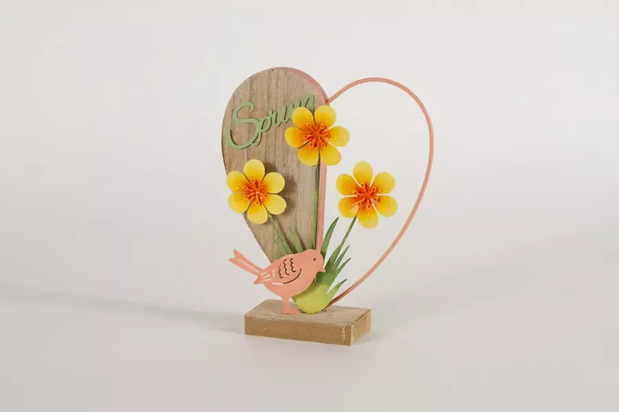 Preview: Fröhlicher Aufsteller „Herz Spring mit Vogel“ – perfekte Osterdekoration.
