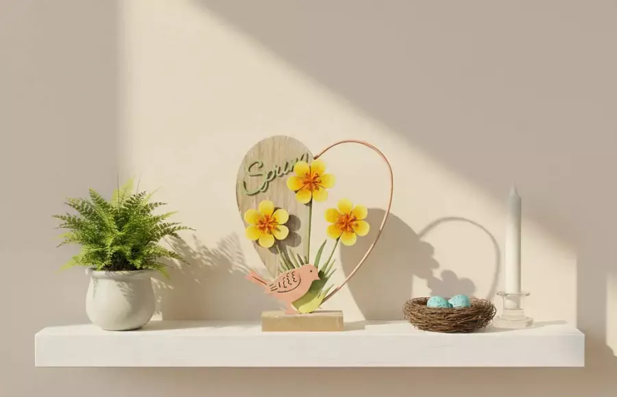 Herz mit Vogel aus Holz und Metall – stilvolle Frühlingsdeko für Ihr Zuhause.