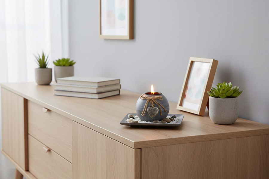 Preview: Teelichthalter aus Holz mit grauen Dekosteinen – elegante Wohnraumdekoration