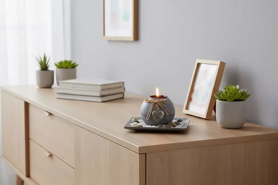 Teelichthalter aus Holz mit grauen Dekosteinen – elegante Wohnraumdekoration