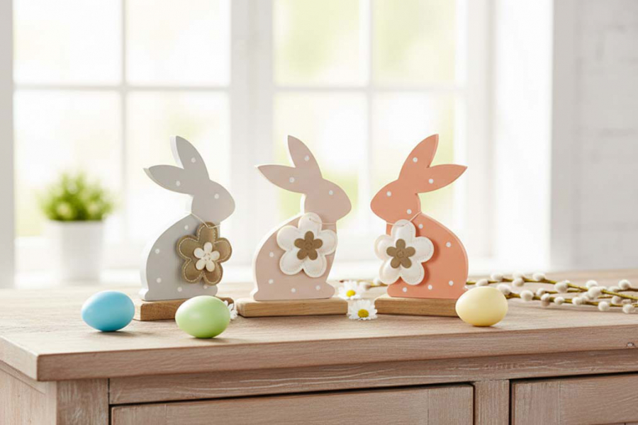 Preview: Lackierter Osterhase aus Holz auf Eichensockel in attraktiven Farben