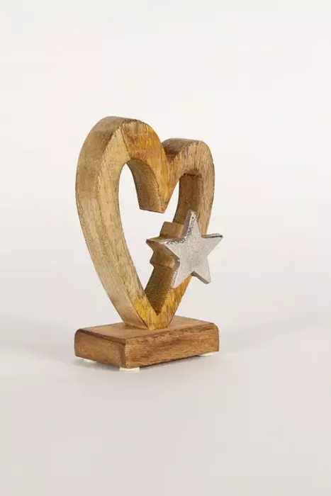 Preview: Herz aus Holz mit Metall Stern – rustikale Wohnraumdekoration