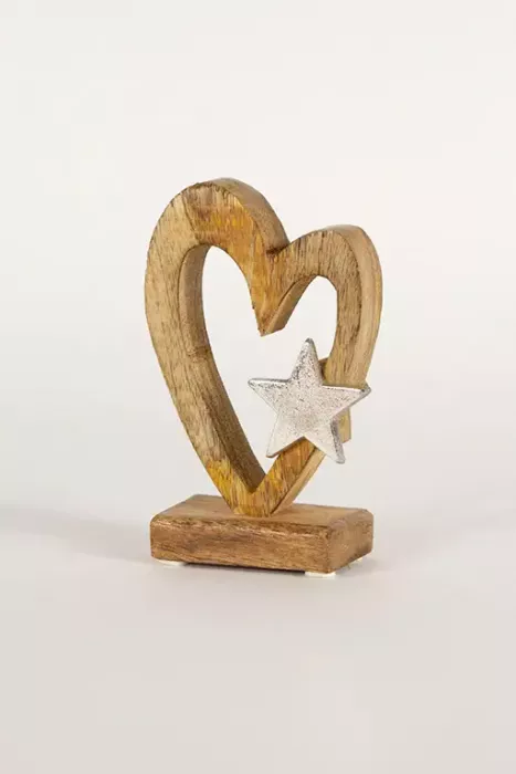 Preview: Herz aus Holz mit Metall Stern – rustikale Wohnraumdekoration