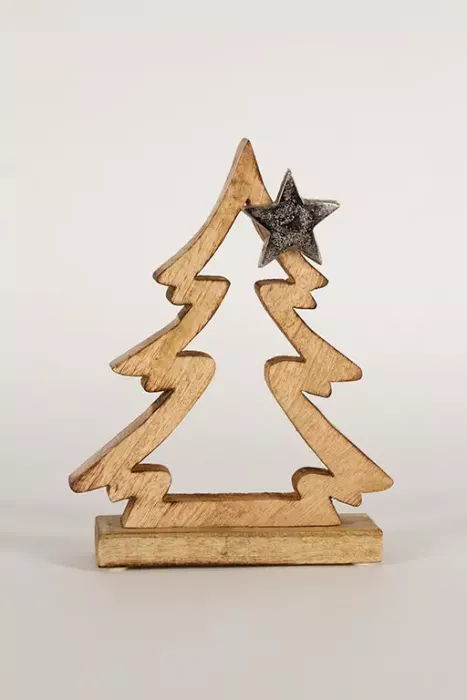 Preview: Tannenbaum aus Holz mit Metallstern – stilvolle Weihnachtsdeko für Zuhause