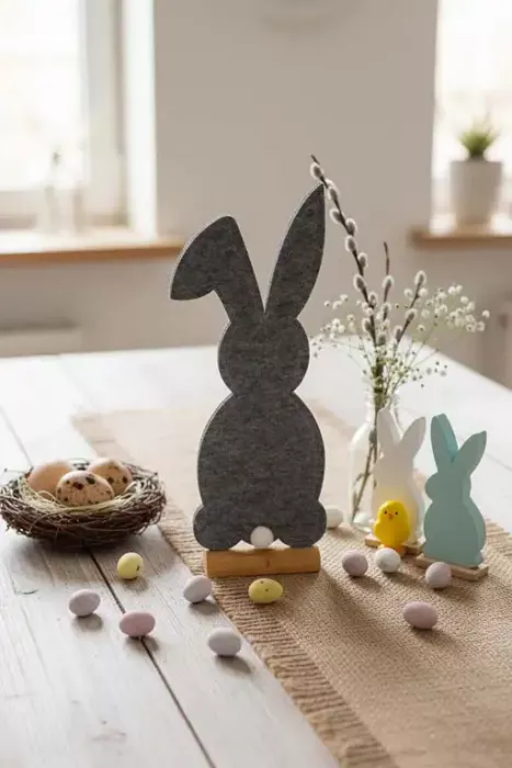 Osterhasehase aus Filz auf Holzständer grau