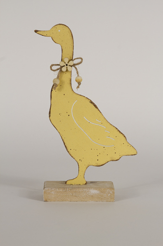 Ente aus Metall auf Holz Sockel gelb