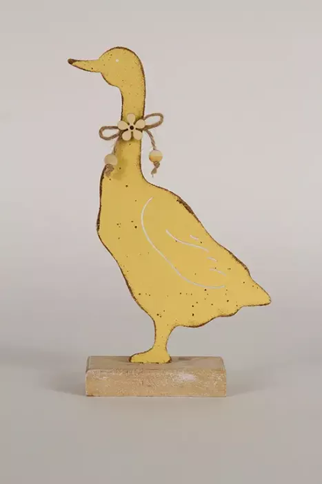 Preview: Metall-Ente auf Holzsockel in Gelb – perfekte Osterdekoration für Fensterbank oder Tisch.