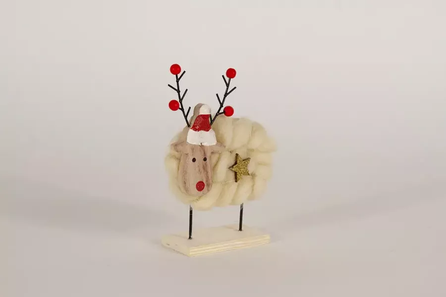 Preview: Weißer Filz Elch auf Holzbasis als stilvolle Weihnachtsdekoration