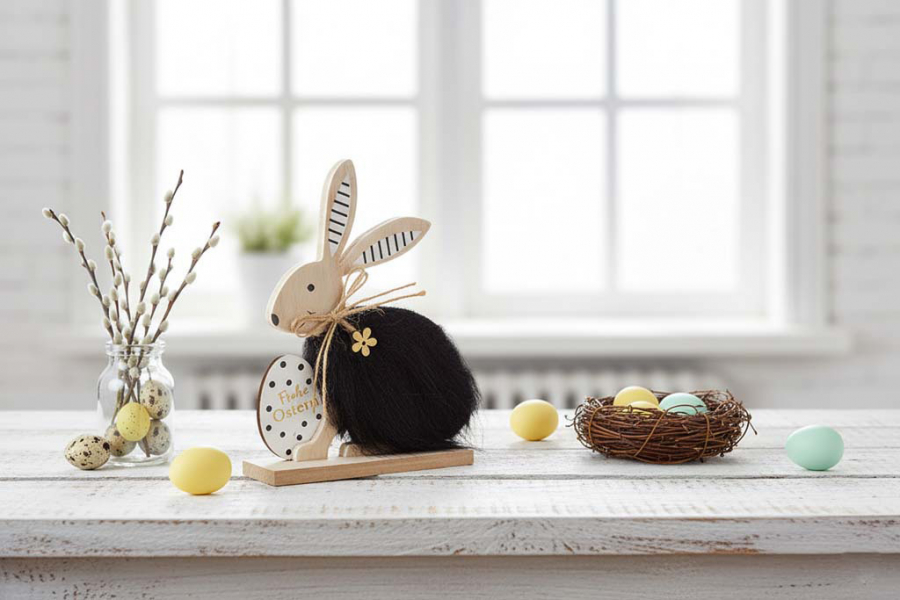 Preview: Holz Hase mit Fell und Osterei Tischdeko Ostern Fensterbank Deko