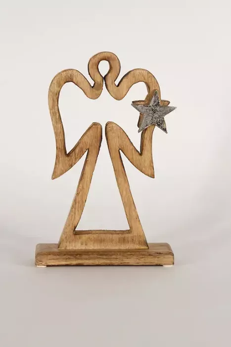 Preview: Engel aus Holz mit filigranem Metallstern – rustikale Weihnachtsdeko