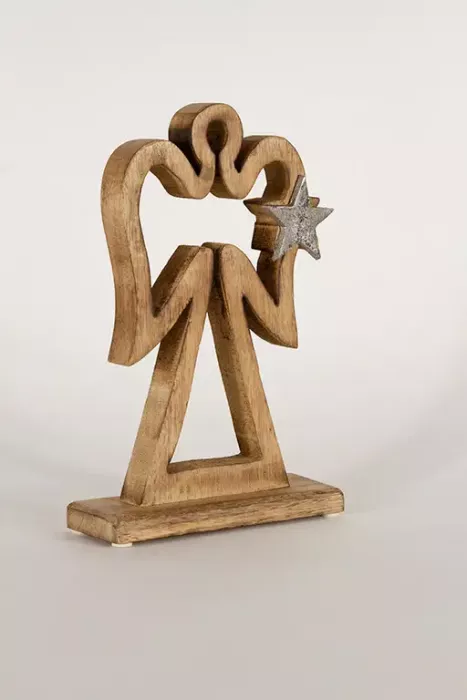 Preview: Weihnachtsengel aus Holz mit Metallstern – stilvolle Tischdekoration