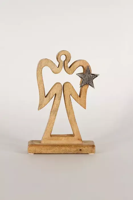 Preview: Engel aus Holz mit filigranem Metallstern – rustikale Weihnachtsdeko