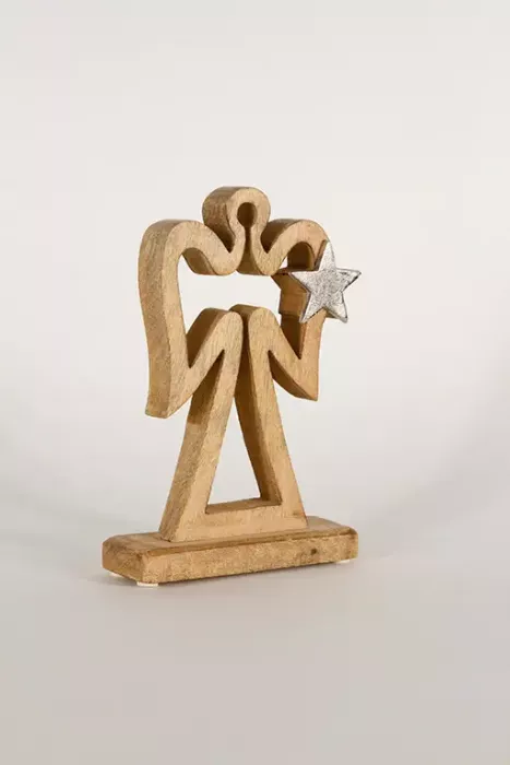 Preview: Weihnachtsengel aus Holz mit Metallstern – stilvolle Tischdekoration
