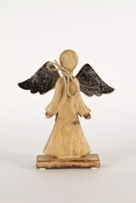Preview: Engel aus Mangoholz mit filigranen Metall Flügeln – exklusive Weihnachtsdeko