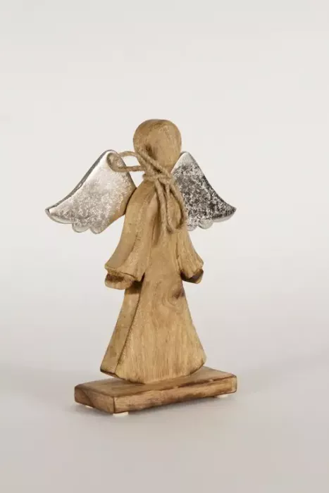 Preview: Stilvoller Engel aus Mangoholz mit dekorativen Metall Flügeln für Weihnachten
