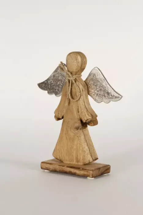 Preview: Weihnachtsengel aus Mangoholz mit Metall Flügeln als edle Dekofigur