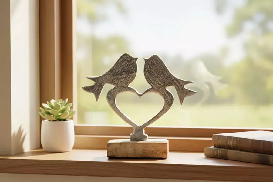 Dekorativer Vogel auf Herz aus Metall auf Holzsockel – ideale Tischdeko für besondere Anlässe.